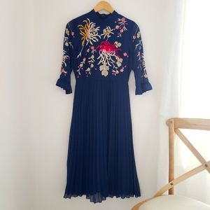 NWOT ASOS navy floral embroidered pleated dress
